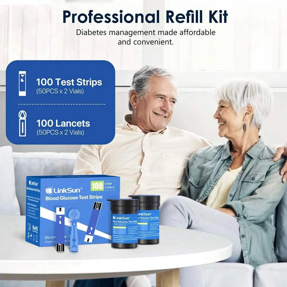 LinkSun Blood Glucose Meter professional refill kit with 100 test strips and 100 lancets for accurate diabetes management