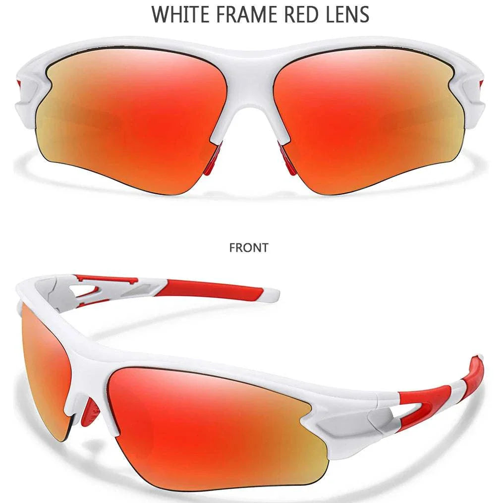 Brand Fashion women and men sporty sunglasses with white frame and red lenses, UV400 protection, lightweight durable design for outdoor activities