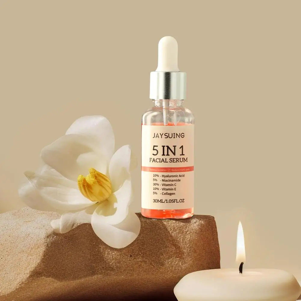 5 In 1 Fade firming face serum with Vitamin C and Hyaluronic Acid to fade fine lines, brighten skin, shrink pores, and hydrate deeply