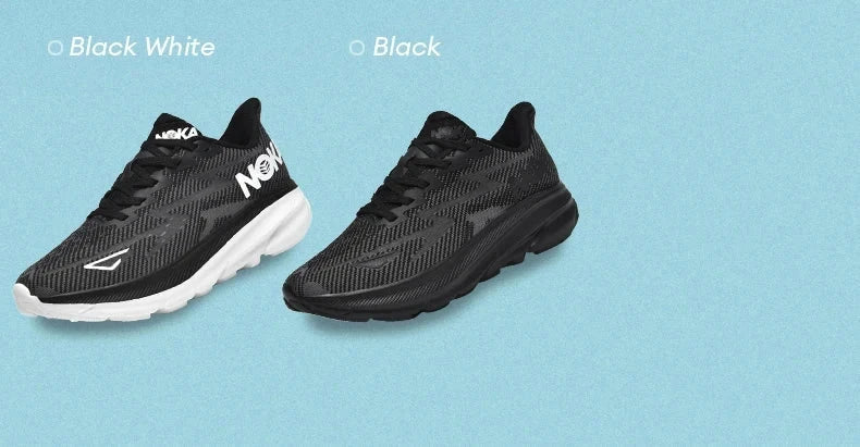 Pair of black and black-white Carbon Plate Air Cushion running shoes with lightweight breathable mesh and cushioned midsoles for unisex performance and marathon training