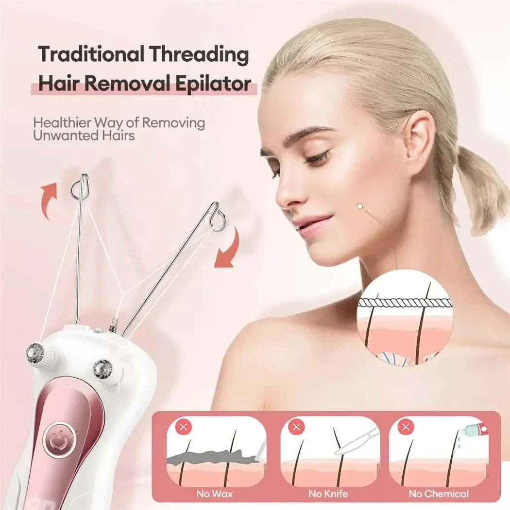 Electric body hair remover with traditional threading for gentle, chemical-free hair removal on sensitive areas