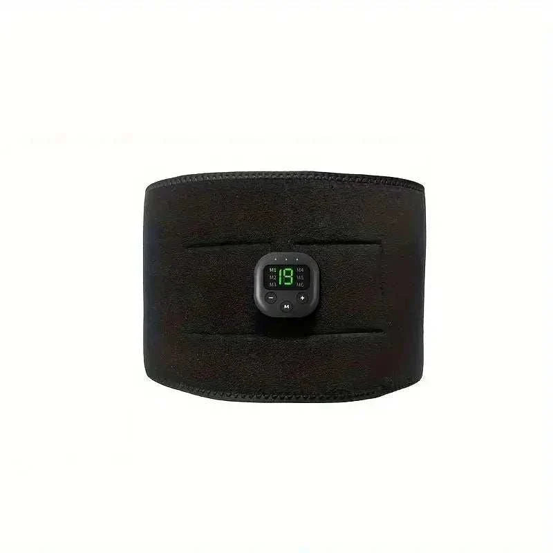 Portable black waist massager with USB rechargeable shaping belt and digital control for muscle toning and relaxation