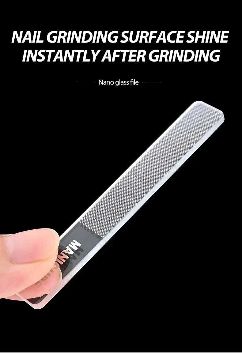 Hand holding a nano glass nail file from a high-grade stainless steel nail clipper set against a black background.
