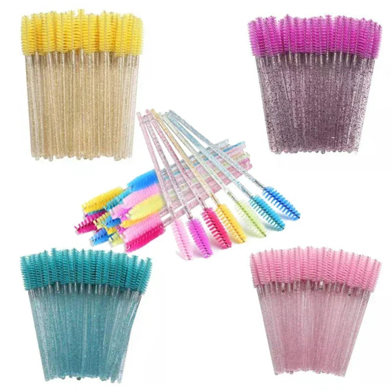 100 disposable mascara and eyebrow brushes in assorted colors for hygienic makeup application and lash grooming