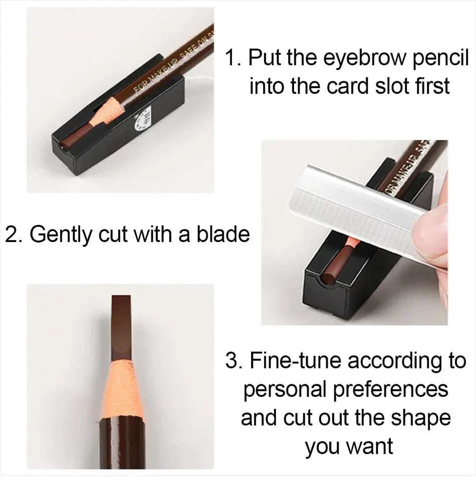 Eyebrow pencil sharpening tool demonstrating how to trim and shape eyebrow pencil tip for precise application in eyebrow pencil and trimmer set.