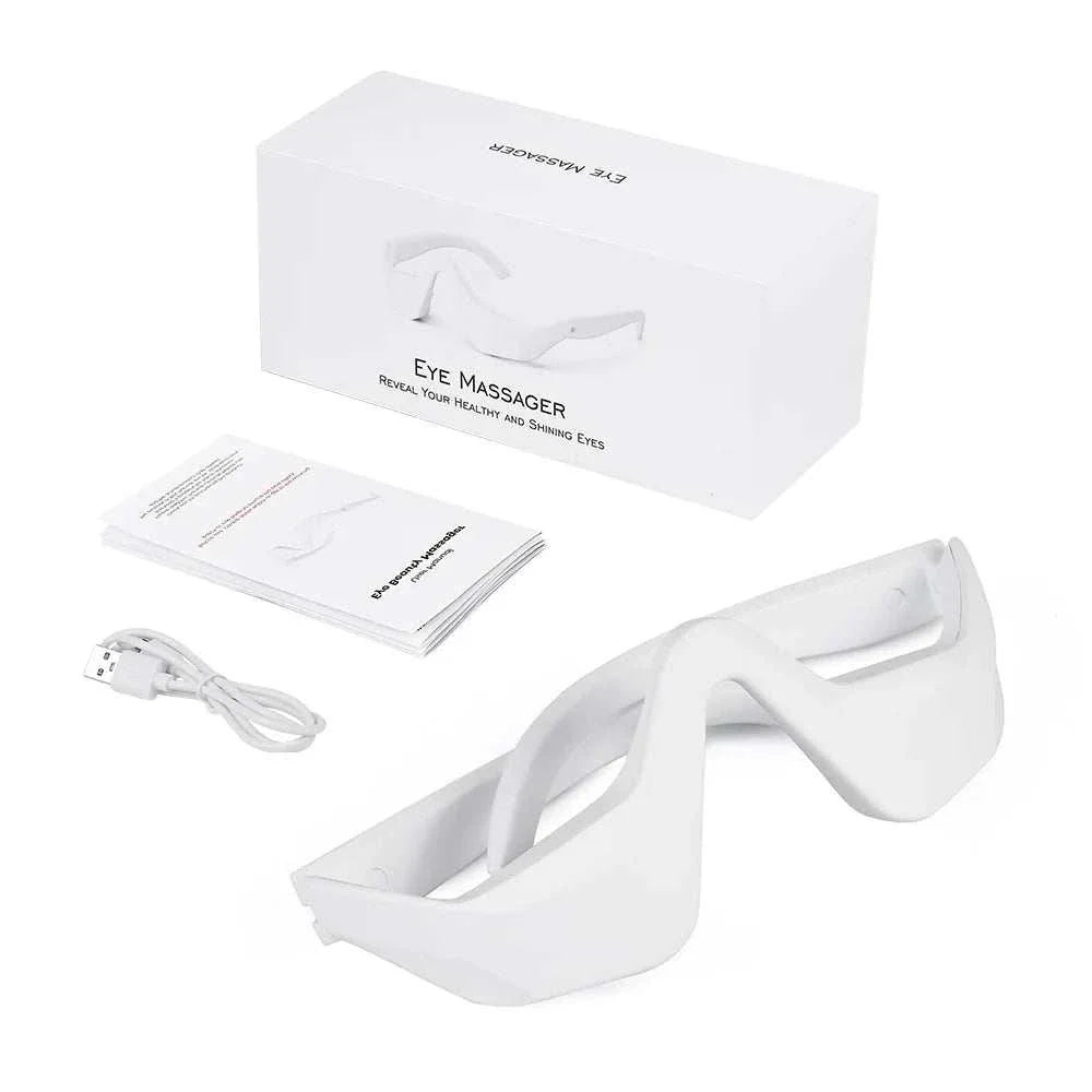 3D Eye Massager with rechargeable USB cable and user manual for reducing dark circles and soothing eye relief