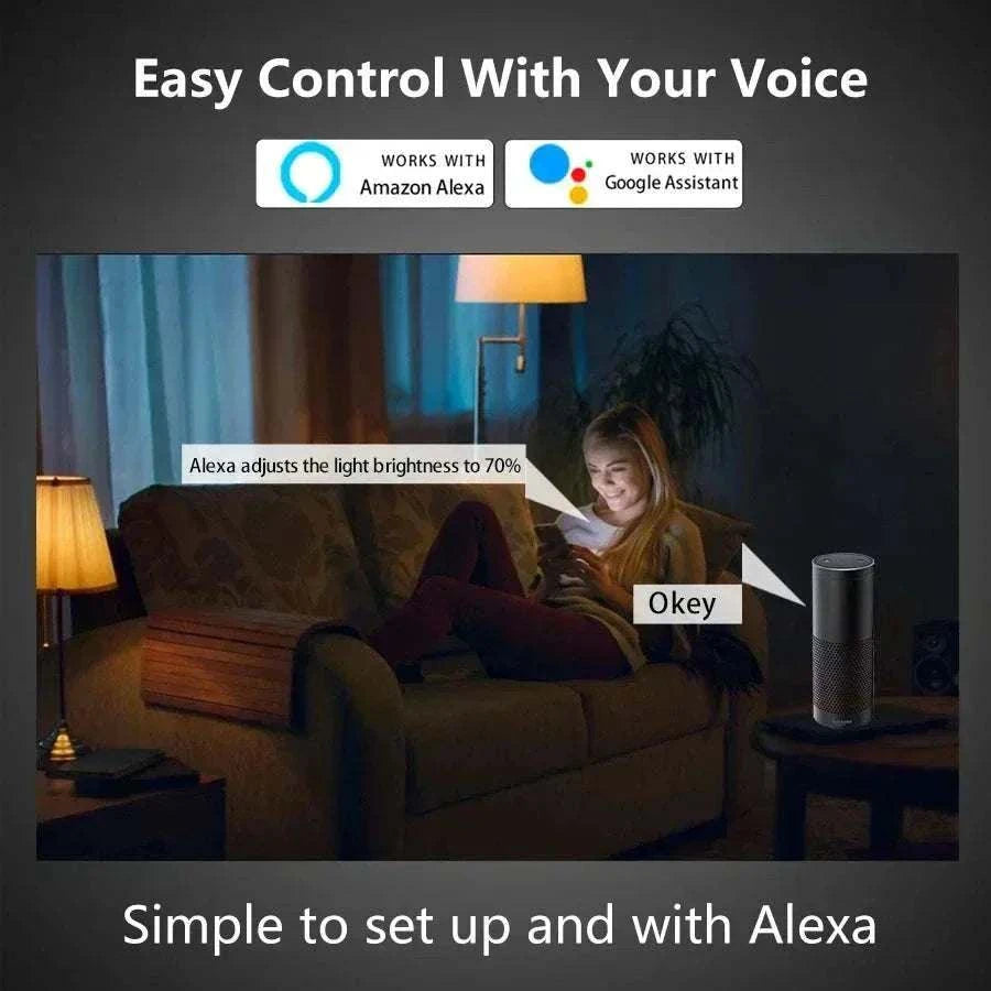E27 E26 Tuya Smart Bulb RGB lamp controlled by Amazon Alexa and Google Assistant in a cozy living room