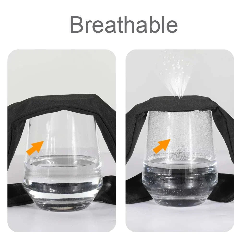 Breathable black fashion sweatband sport headband demonstrating moisture absorption and ventilation with water vapor above a glass of water.