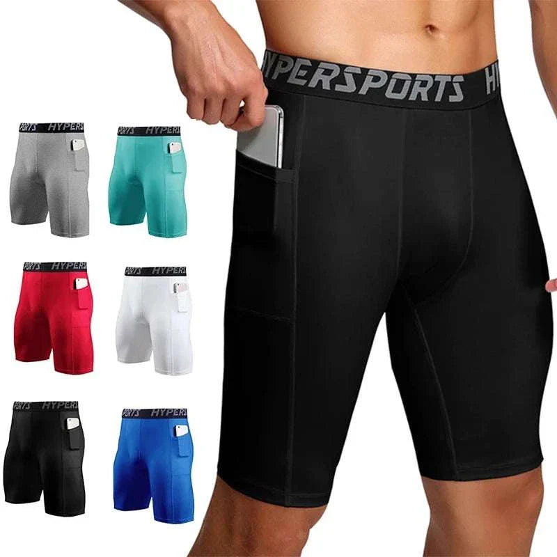 Men's compression shorts in various colors with side pocket, breathable and stretchy fabric for sports and gym workouts