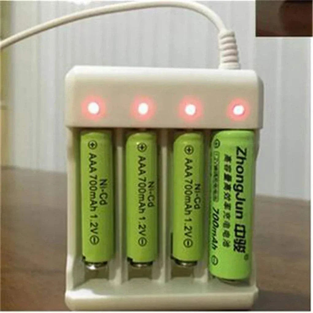 High-speed USB rechargeable battery charger with 3/4 slot for AA and AAA batteries, LED indicators, compact design, and short circuit protection.