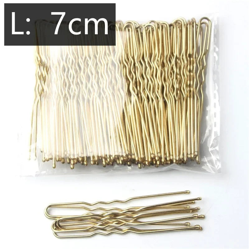 50pcs gold 7cm U-shaped metal hair pins with waved grip in clear plastic bag for secure styling