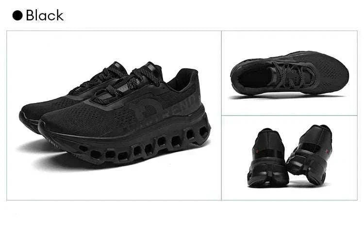 Black men's ultraboost running shoes with lightweight breathable mesh upper and durable high-traction sole shown from side, top, and rear views.