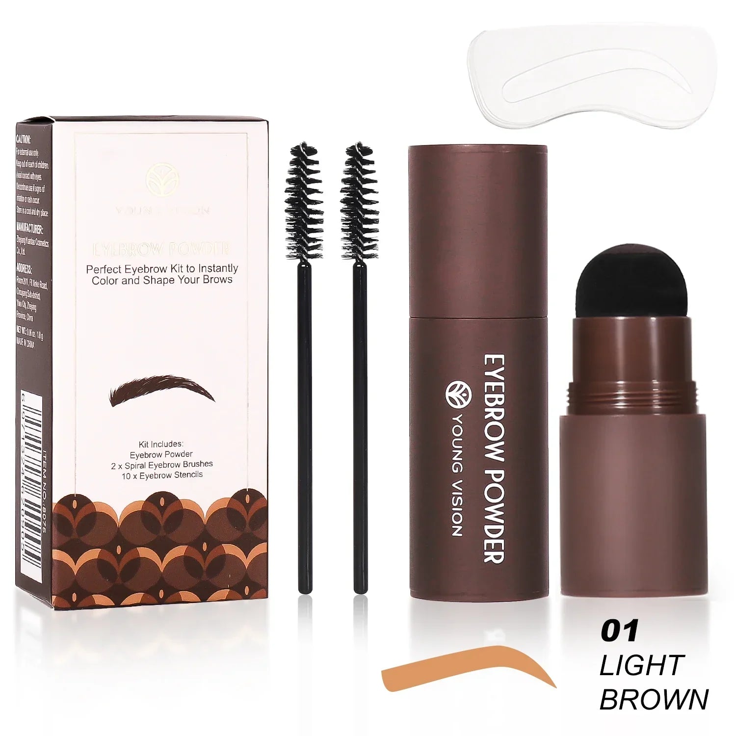 Eyebrow Stamp Stencil Kit with powder, brushes, and reusable stencils for easy brow shaping and filling in light brown shade