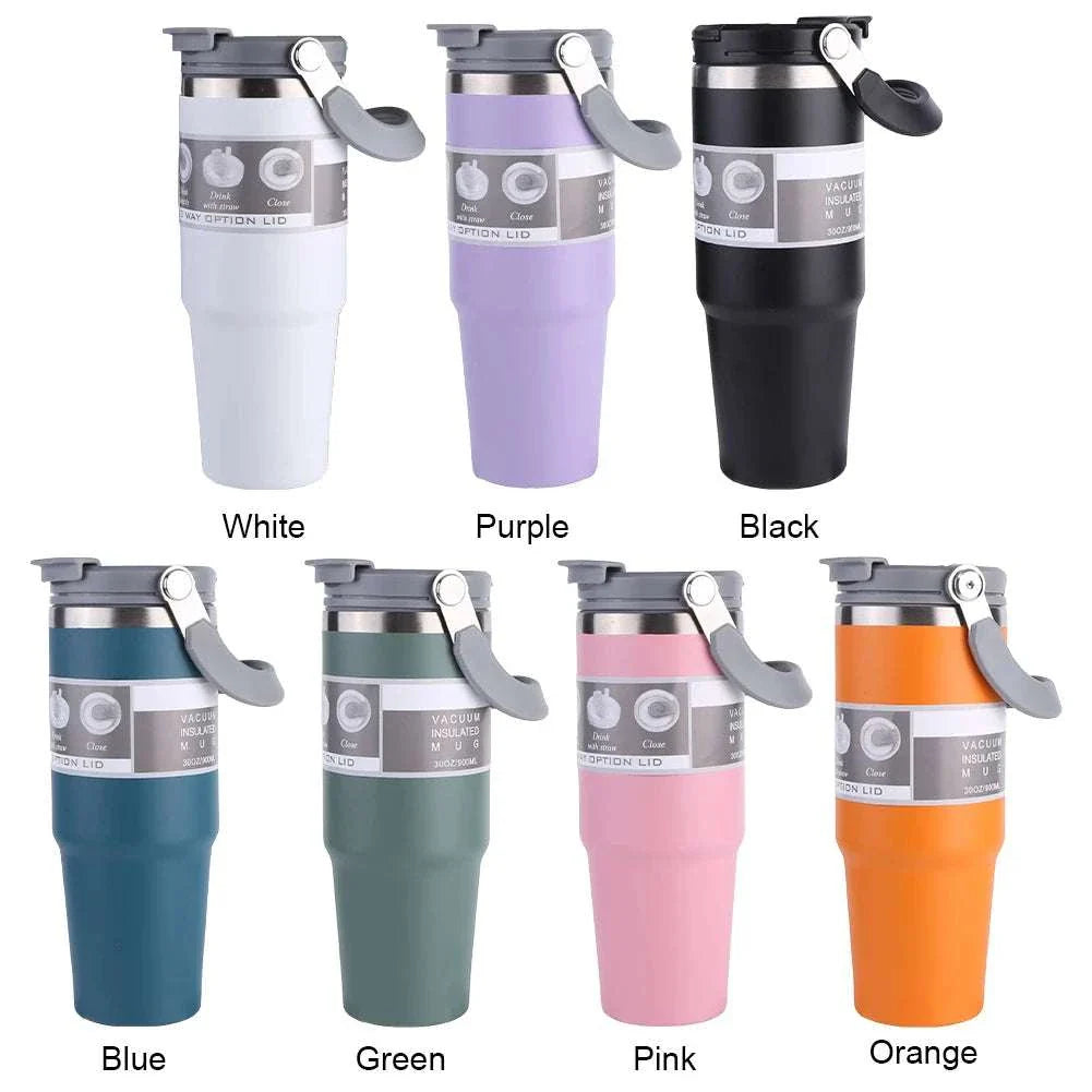 Set of 30oz vacuum insulated stainless steel cups with handle in white, purple, black, blue, green, pink, and orange colors.