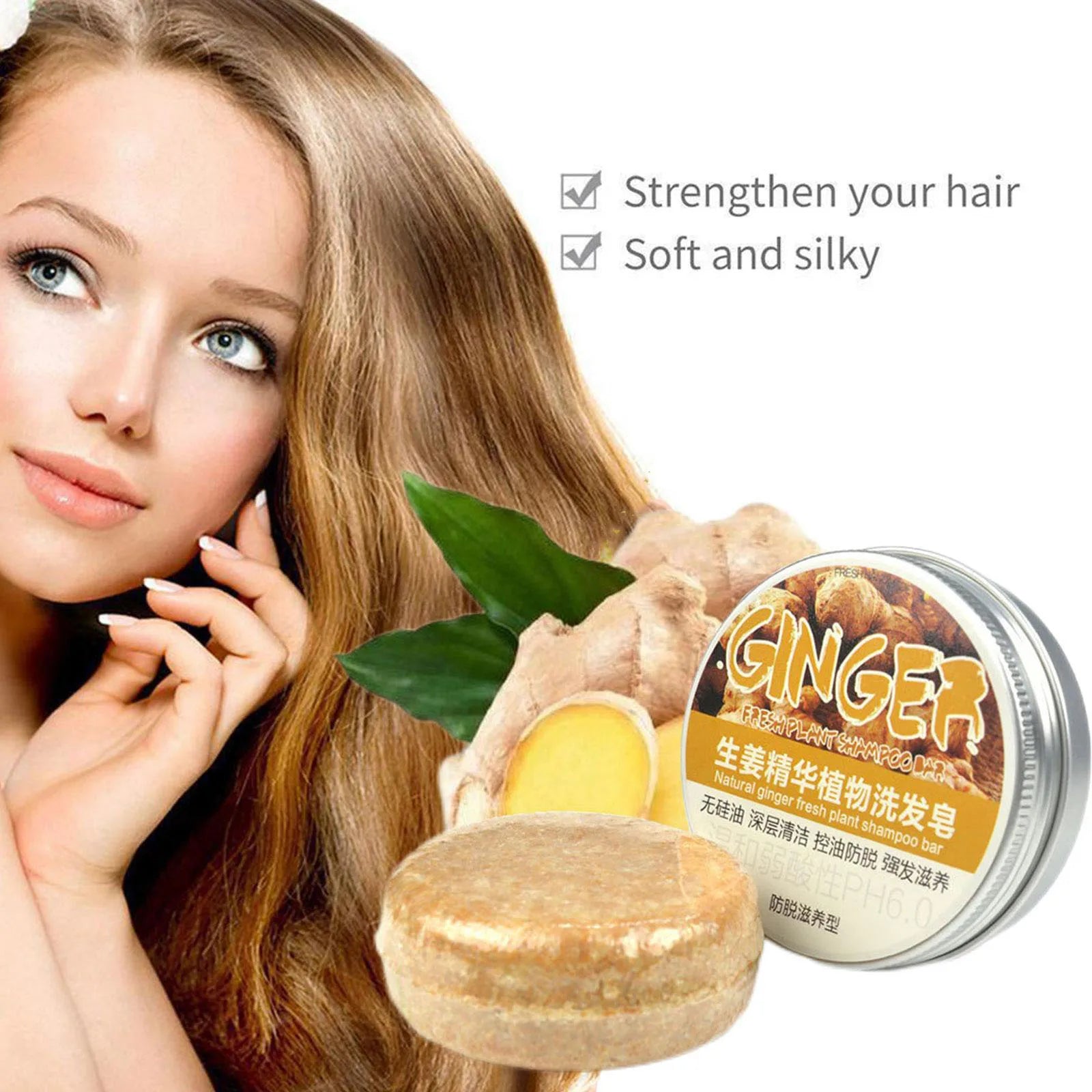 Ginger Polygonum Soap shampoo bar with ginger root and fresh hair model for strengthening and softening hair