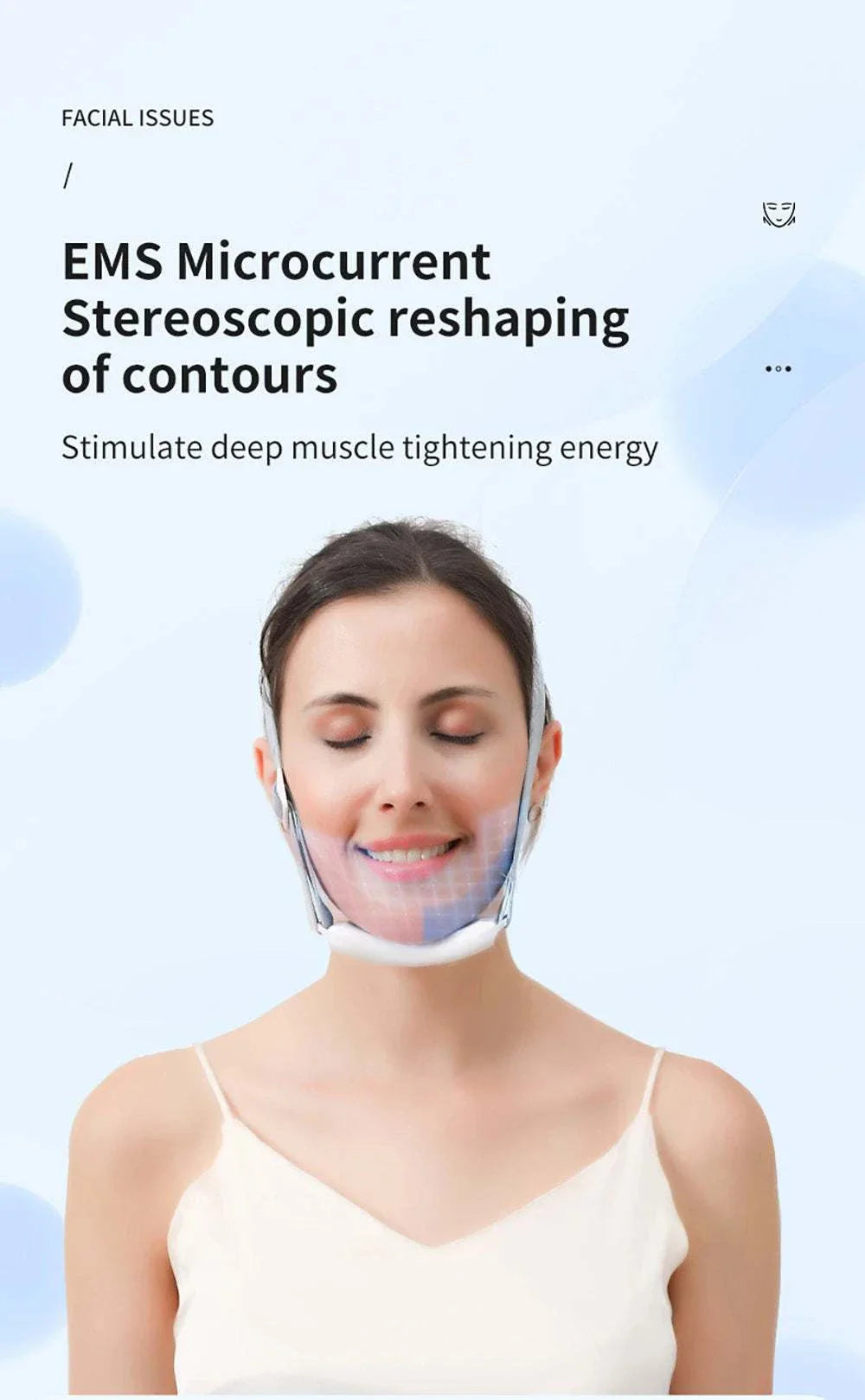 Woman using EMS Face Lifting Massager for facial contouring and muscle tightening with microcurrent technology