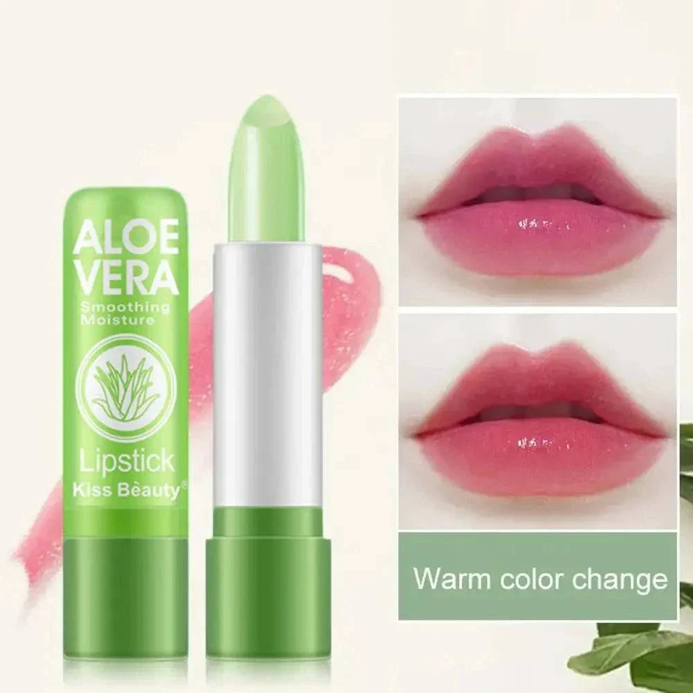 Aloe Vera color-changing lipstick with green balm and pink shade transformation on lips, moisturizing and soothing formula