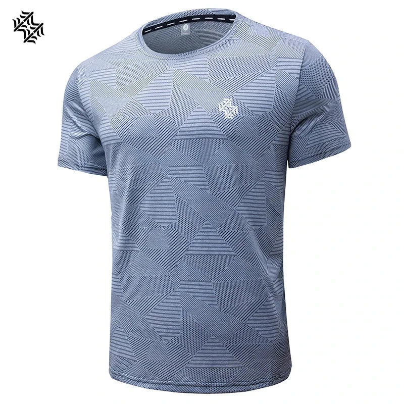 Football style men's fitness t-shirt with breathable, quick-drying fabric and geometric pattern for workout and casual wear