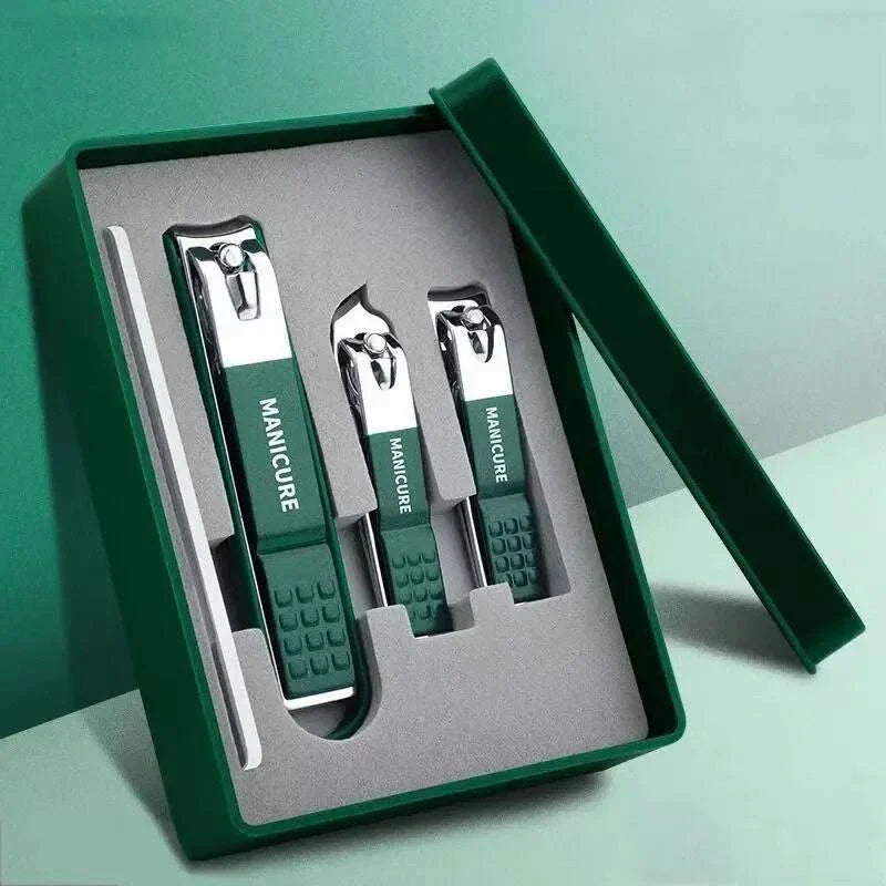 Nail clipper set in green box with three stainless steel clippers for manicure and pedicure grooming