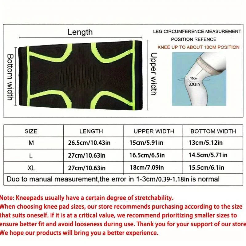 Black knee support with yellow-green accents showing dimensions and sizing chart for M, L, XL sizes and leg circumference measurement guide.