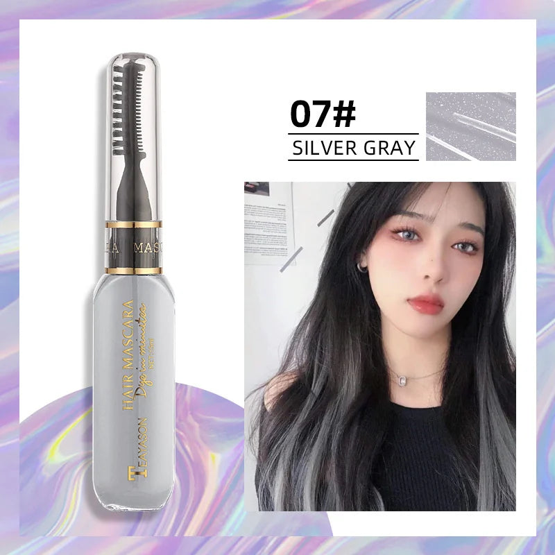 13 Colors One-Off Hair Color Mascara silver gray shade with brush applicator and model showing gray streaks in black hair