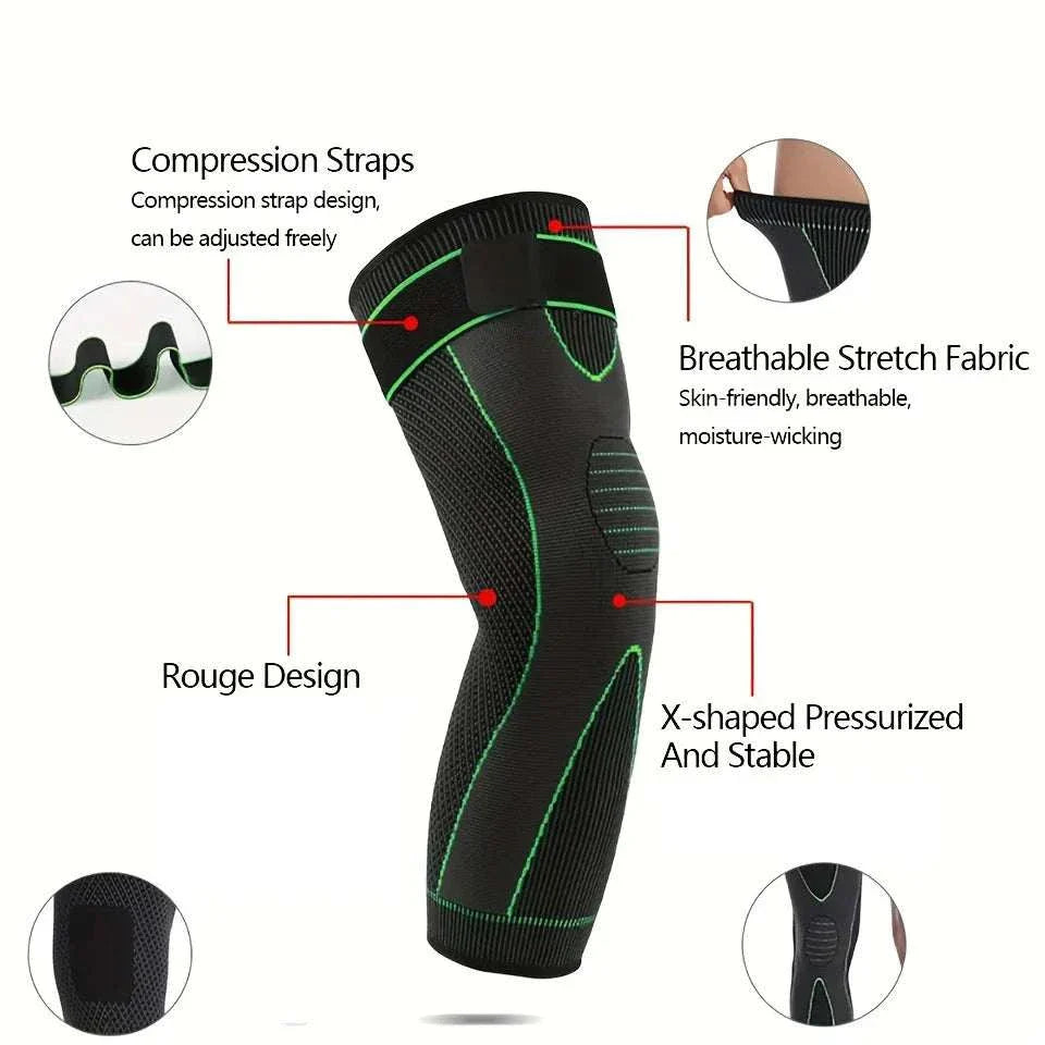 Black compression knee pad with green stitching, breathable stretch fabric, adjustable compression straps, and X-shaped pressurized design for joint support and stability.