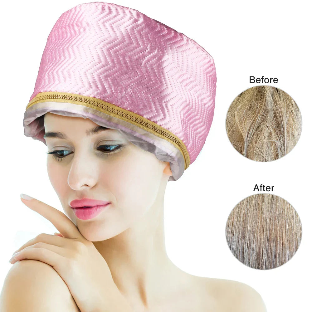 Woman wearing pink electric hair steamer cap with before and after hair condition comparison showing smoother hair