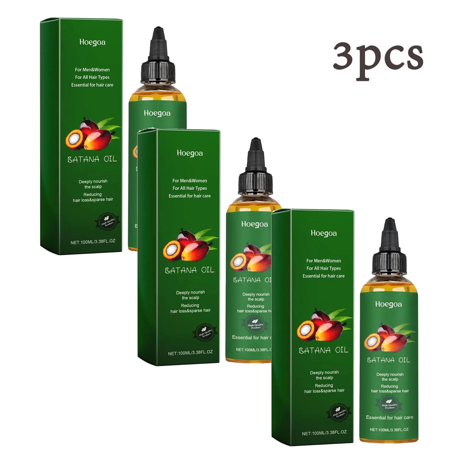 Three bottles and boxes of Hoegoa Batana Nourishing Hair Oil for men and women, 100ml each, shown as a set of 3 pieces