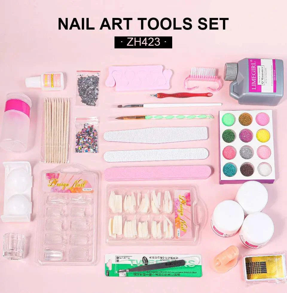 Complete nail acrylic powder and liquid monomer kit with nail art tools, glitter, brushes, nail tips, and colorful powders for 3D designs and manicure creation.
