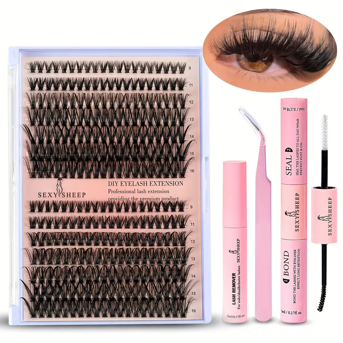 280pcs DIY Lash Extension Kit with mixed cluster lashes, bond, seal, remover, and precision applicator for DIY eyelash extensions