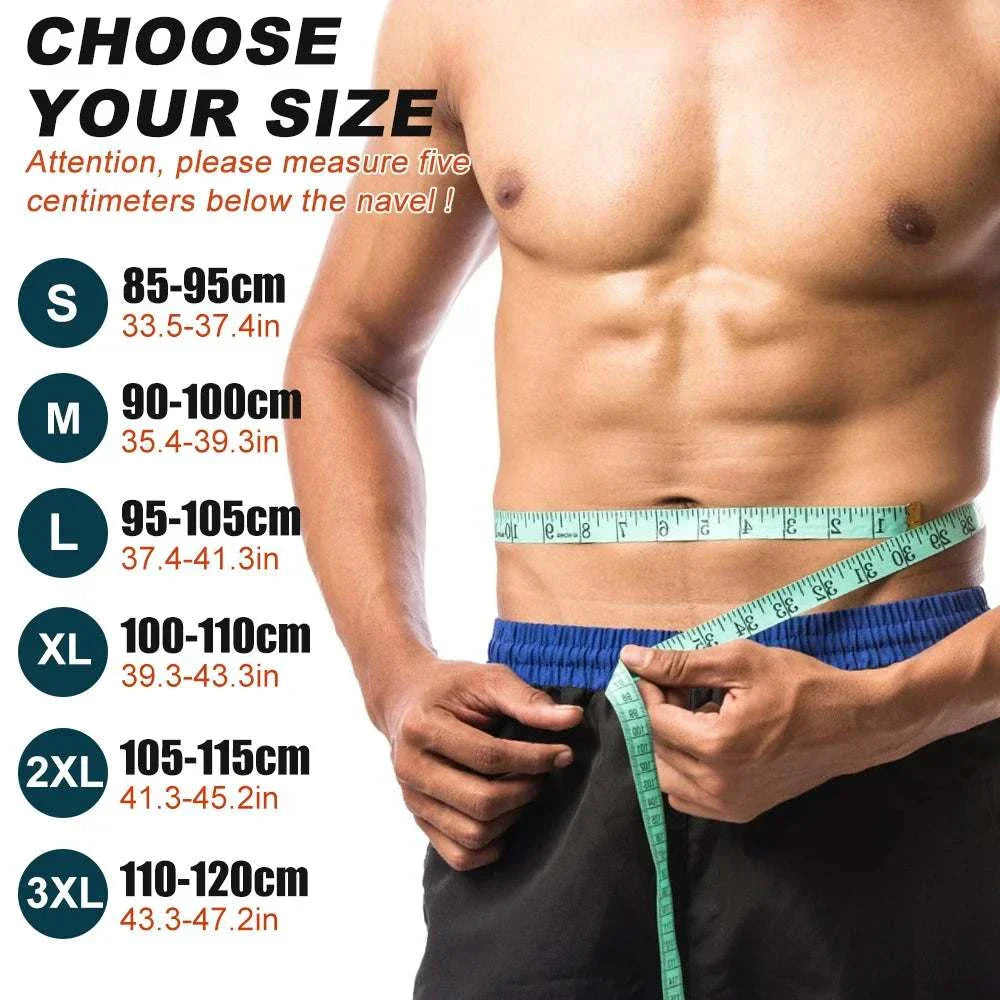 Man measuring waist with tape measure showing size chart for Breathable Neoprene Waist Trainer Belt sizes from S to 3XL