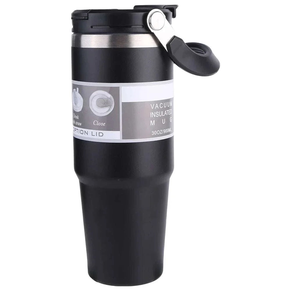 30oz black vacuum insulated stainless steel travel cup with handle and leak-resistant lid