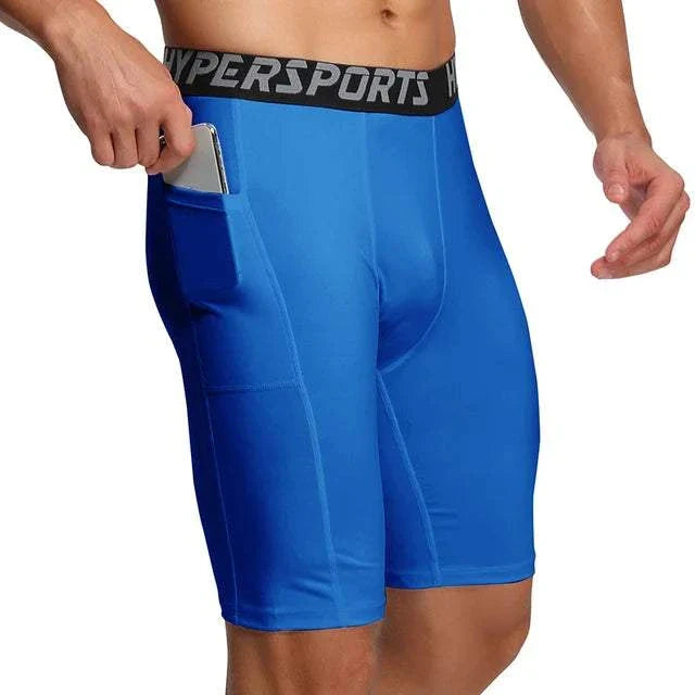 Men’s blue compression shorts with side pocket and elastic waistband for sports and training