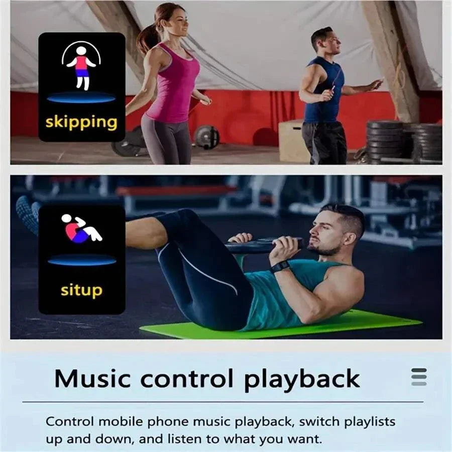 Multifunction Smart Watch showing skipping and situp fitness modes with music control playback features during workouts