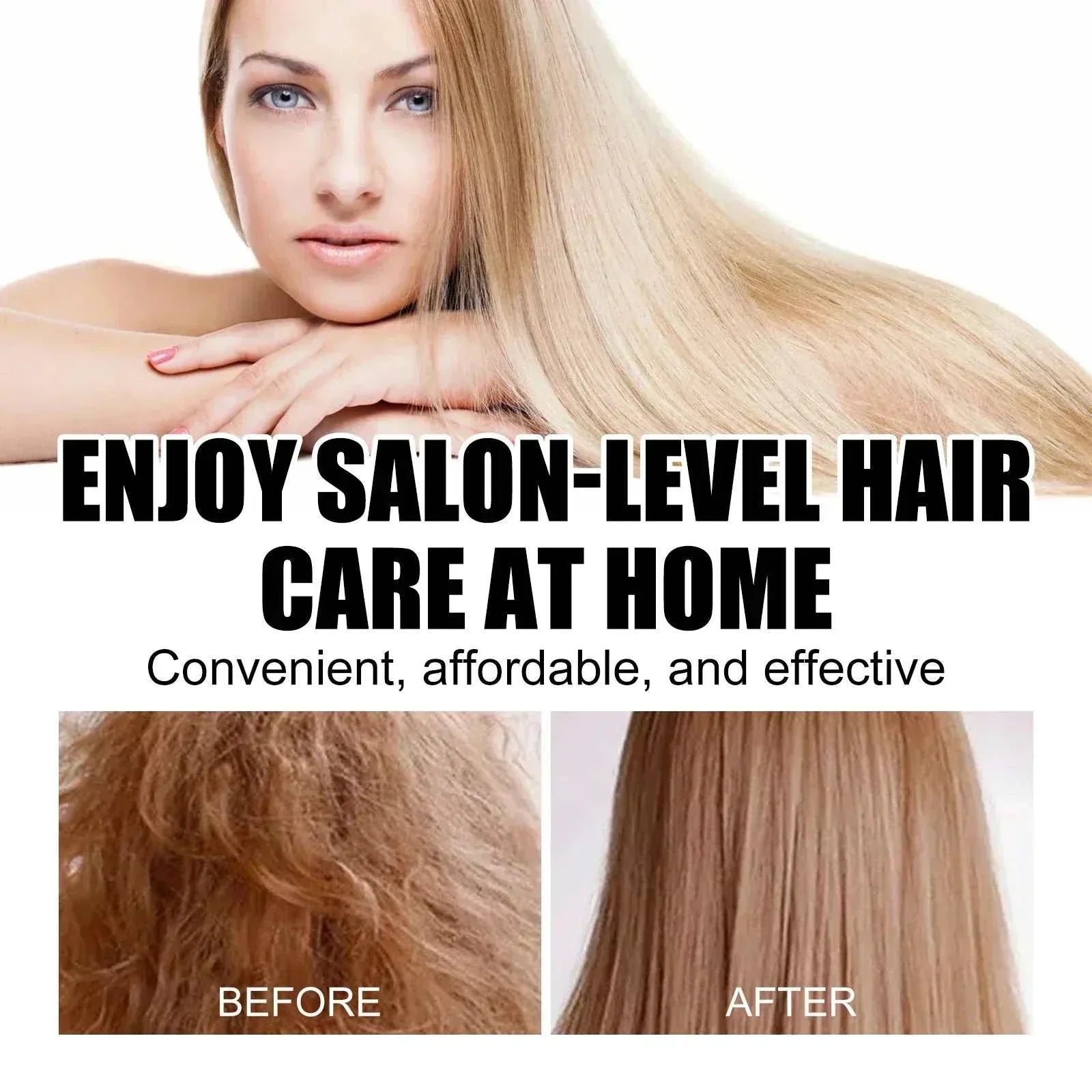 Keratin Hair Care Cream showing before and after results with smooth, shiny, and frizz-free hair for salon-level care at home