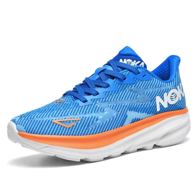 Blue Carbon Plate Air Cushion running shoe with orange midsole and white durable outsole, lightweight breathable mesh upper.