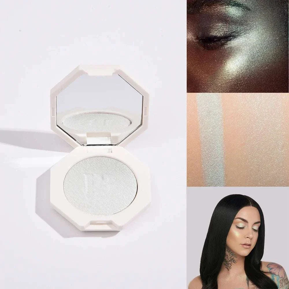 Face & Body Shimmering Highlighter compact with white shimmer powder, showing swatches and model wearing radiant glow on face and body.