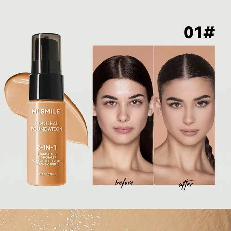 Face Foundation Cream bottle with concealer and foundation 2-in-1, showing before and after application on model with flawless matte finish and even complexion.