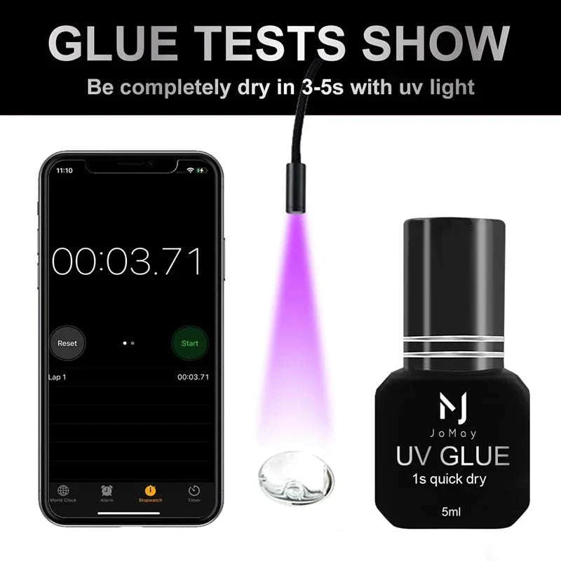 JOMAY UV Glue Adhesive fast-drying lash adhesive curing under UV light with stopwatch and applicator light shown