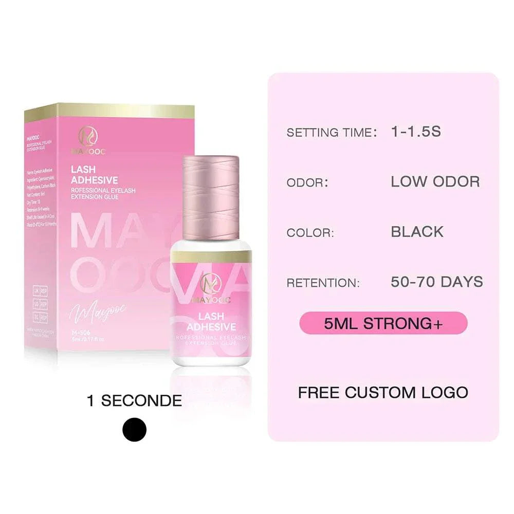 0.3 sec eyelash extension glue with ultra-fast drying, low odor, black color, strong hold for 50-70 days, and free custom logo packaging