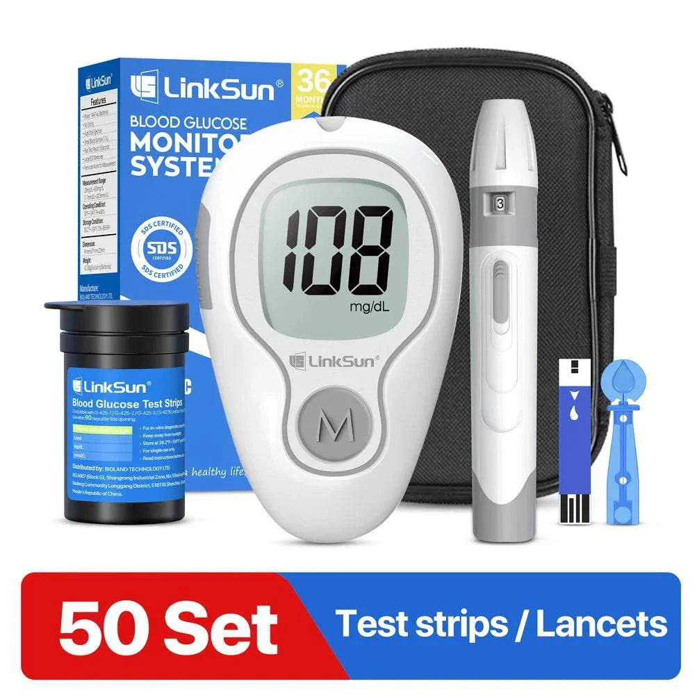 LinkSun Blood Glucose Meter kit with large LCD, no coding, 50 test strips, lancets, and carrying case for accurate and fast diabetes monitoring