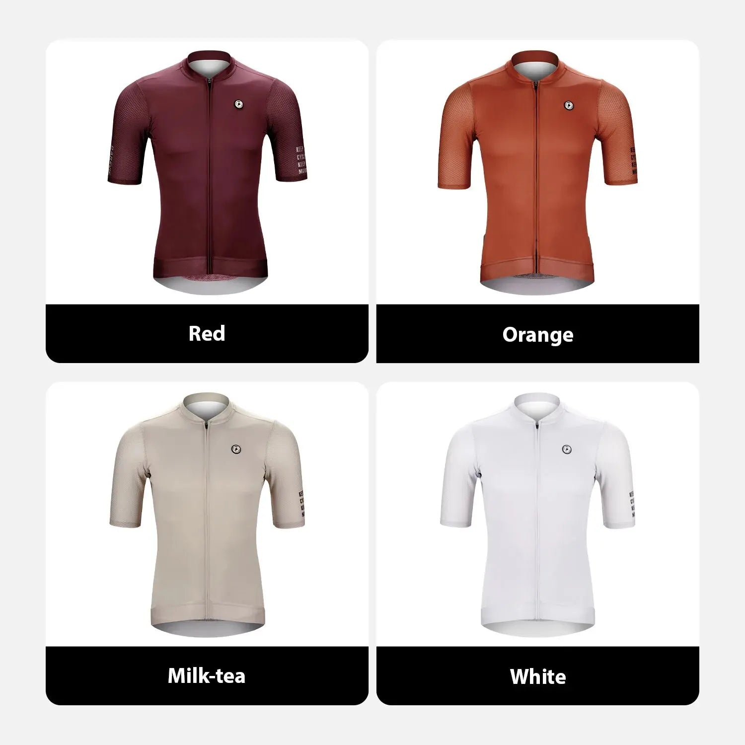 DAREVIE Cycling Jersey in red, orange, milk-tea, and white with breathable, quick-dry fabric, SPF 50 protection, slim fit, full-length zipper, and anti-slip hem for men and women cyclists.