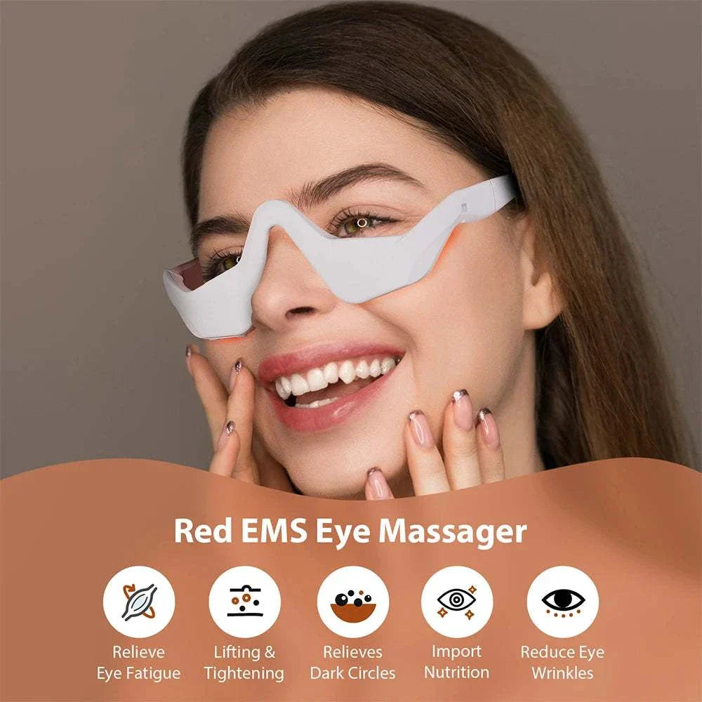 Woman wearing white 3D eye massager device designed to relieve eye fatigue, lift and tighten skin, reduce dark circles, improve nutrition, and lessen eye wrinkles