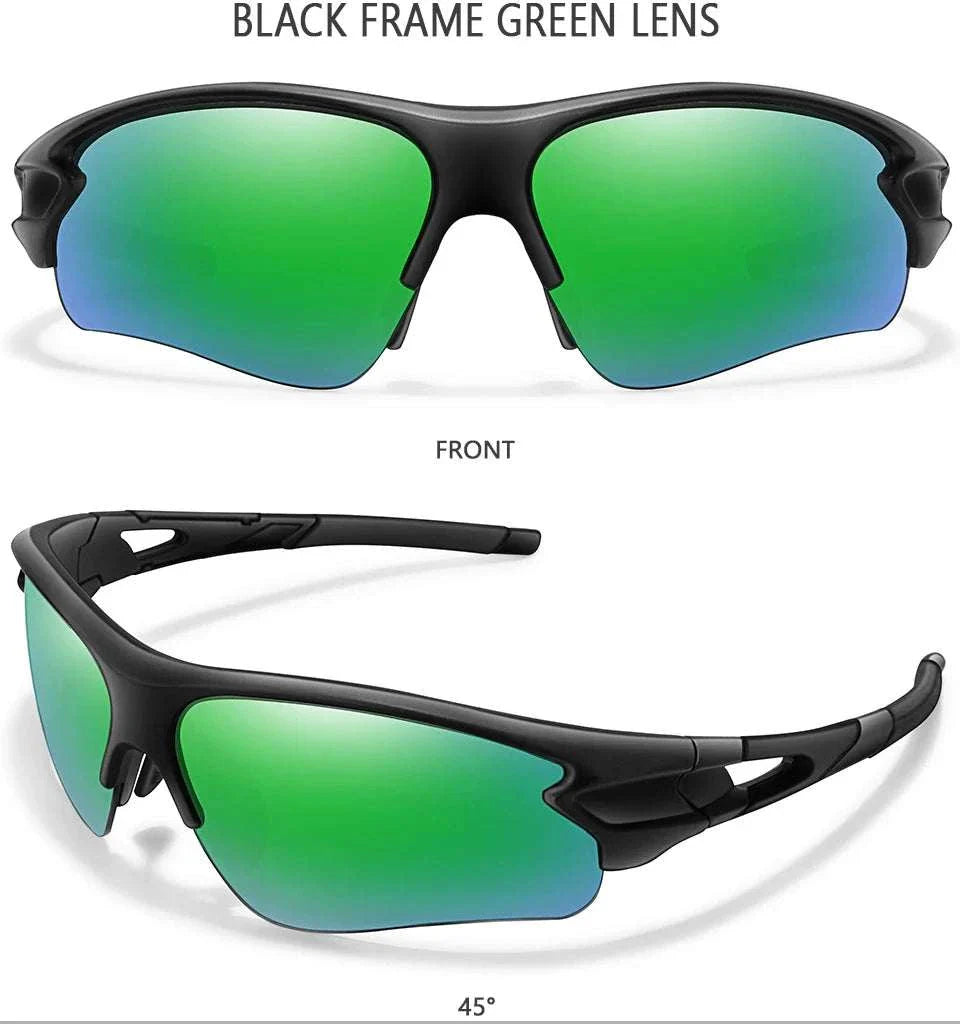 Brand fashion unisex sport sunglasses with black frame and green UV400 lenses for outdoor activities