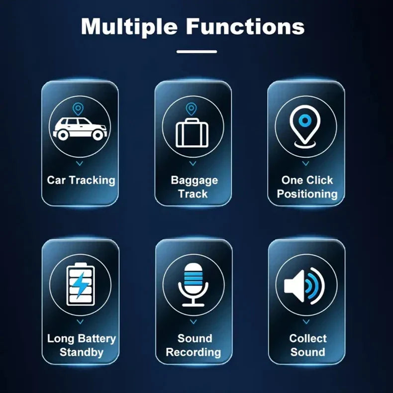Micro Magnetic GPS Tracker with car and baggage tracking, one-click positioning, long battery standby, sound recording, and sound collection features.