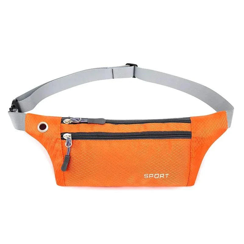 Orange nylon waist and chest bag with adjustable grey strap and dual zipper pockets for hands-free sports and travel use