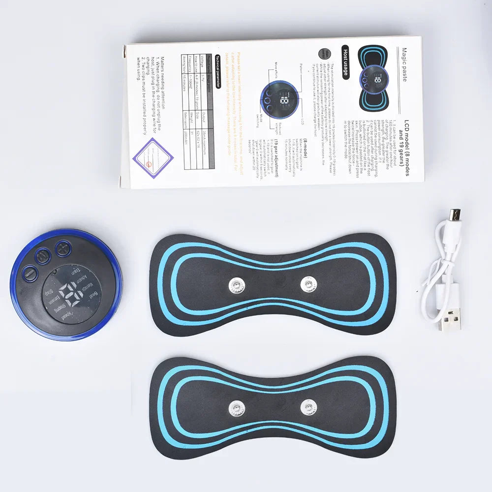 Mini electric neck massager with portable, rechargeable design, low-frequency pulse, heat function, and USB charging cable.
