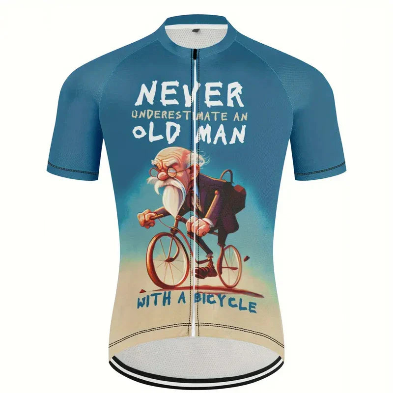 2025 New Cycling Jersey with humorous "Never Underestimate an Old Man with a Bicycle" graphic, breathable fabric, and aerodynamic fit