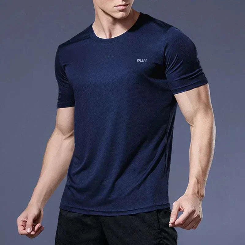 Men’s navy quick-dry compression sport t-shirt with short sleeves for fitness and training