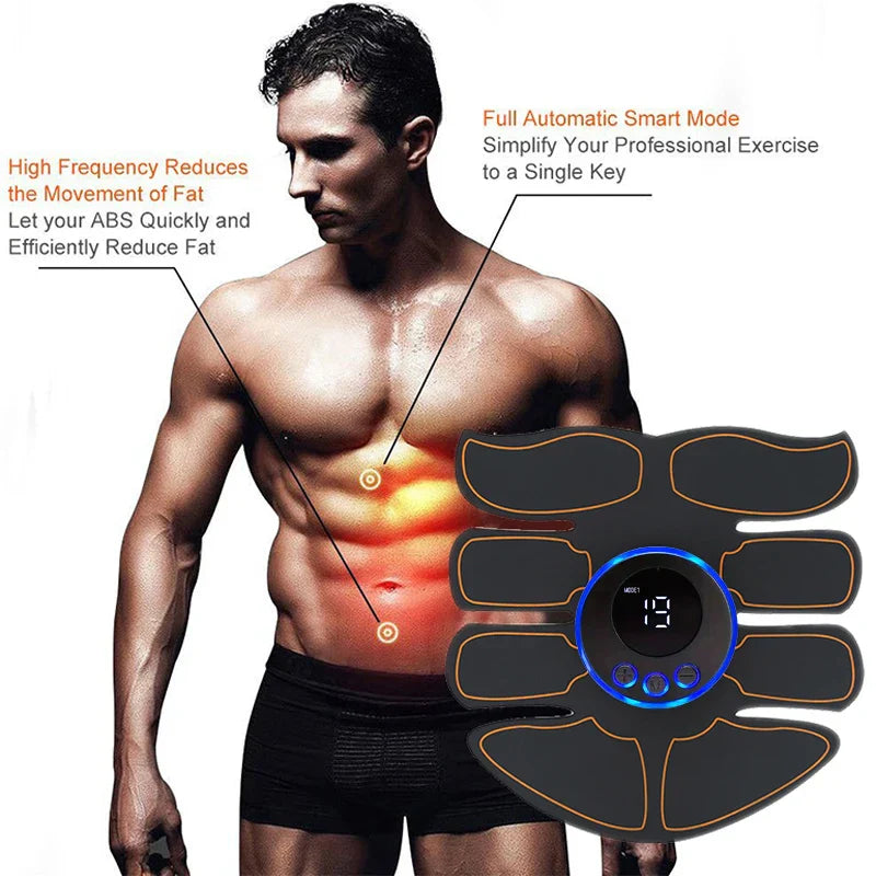 Man using abdominal muscle massage EMS device with USB rechargeable training patches for muscle toning and strengthening